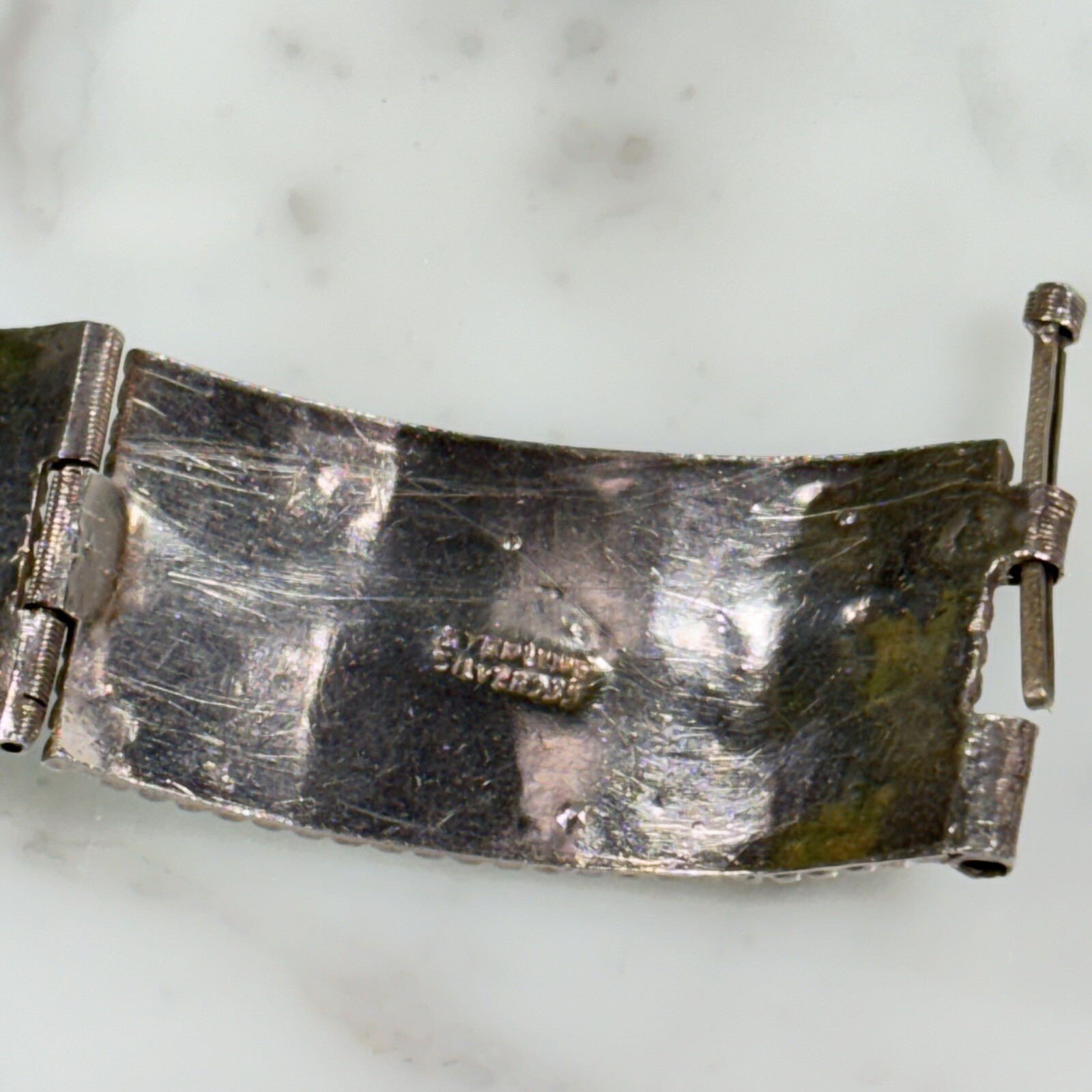 Antique Sterling Silver 935 Scroll Ball Dot Hinged Panel Bracelet 7” Long 30.0g
