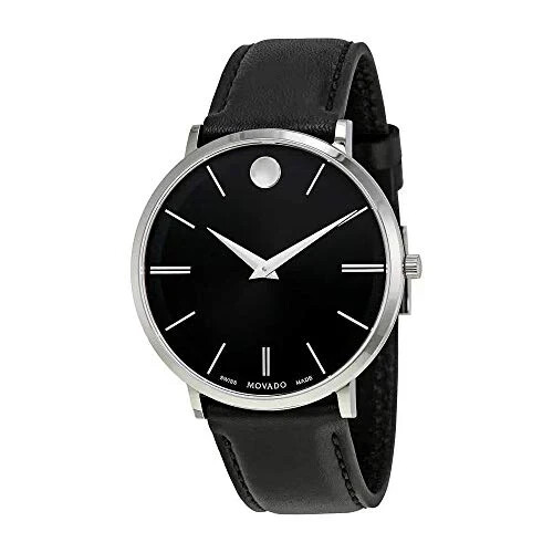 Movado Ultra Slim Black Dial Black Leather Strap Watch For Men – 0607086