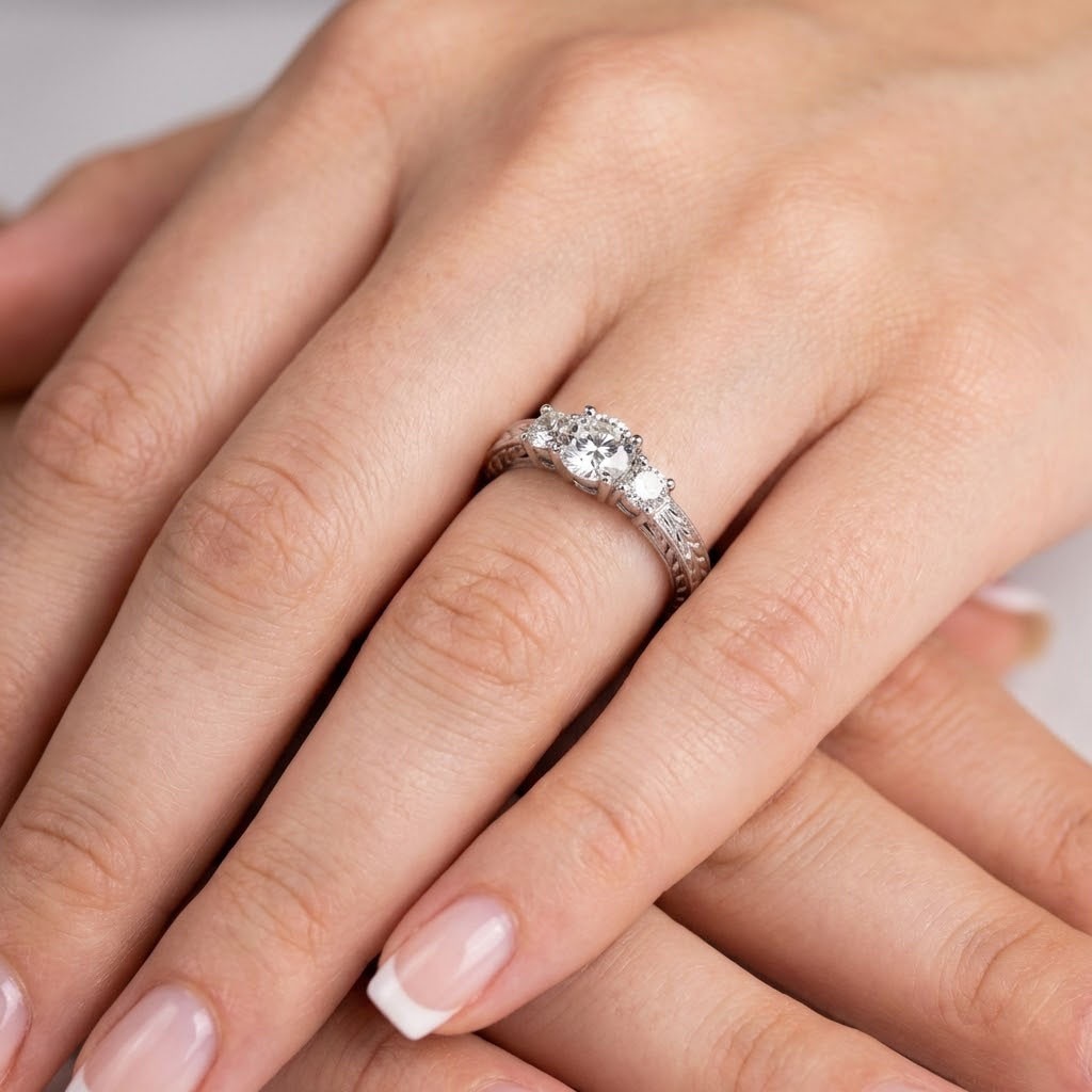 3-Stone Engagement Ring 14K Gold Vintage 1 Carat Round Lab-Grown Diamond E VS1