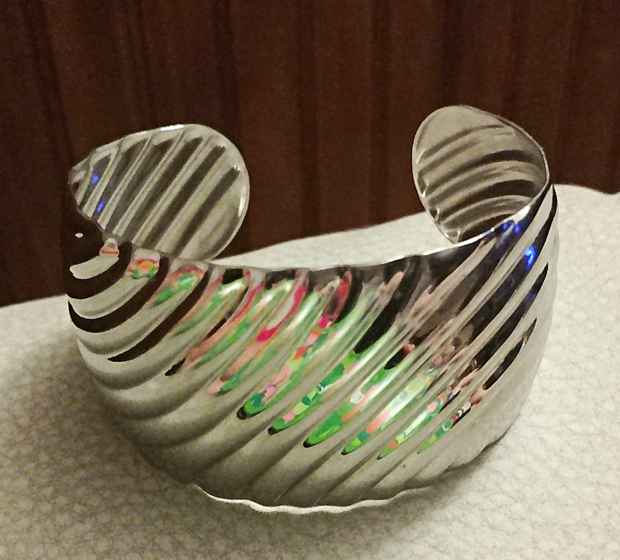 Silver Tone Ribbed Wide Cuff Bracelet Metal No Stone Sizable