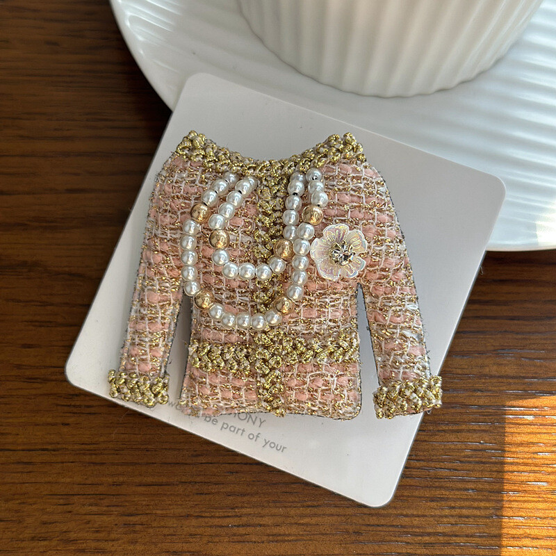 women pearl tassel pink clothes shape brooch, high quality accessory jewelry