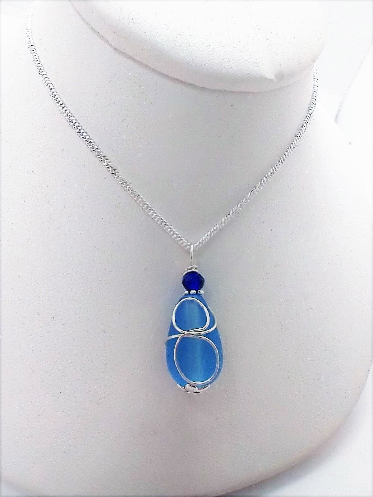 Cobalt Blue “Loop” Sea Glass Pendant Silver Snake Chain Necklace 18 Inch