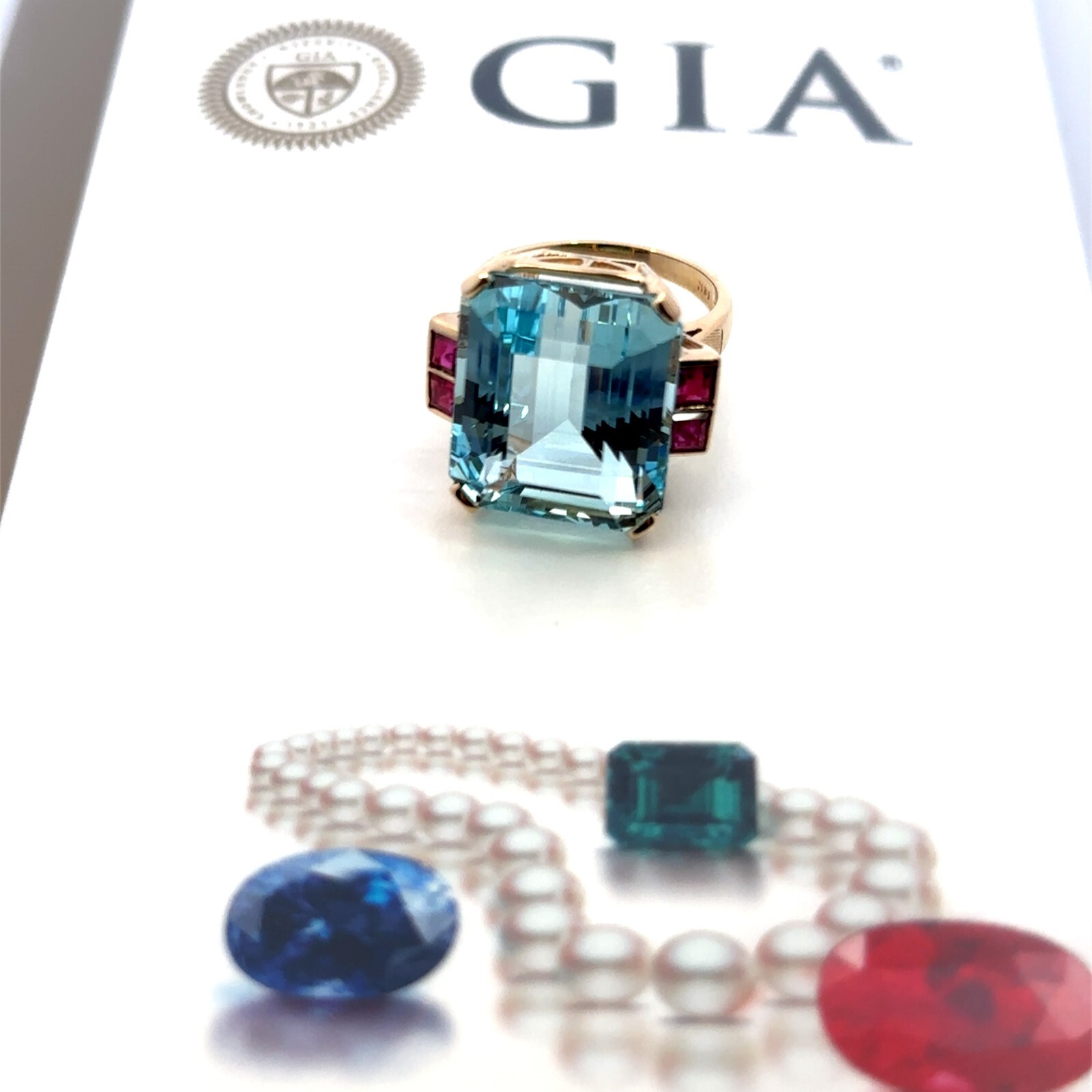 GIA Certified 18.60Cts Fine Quality Aquamarine & Ruby 14K Gold Ring 10.4g G039