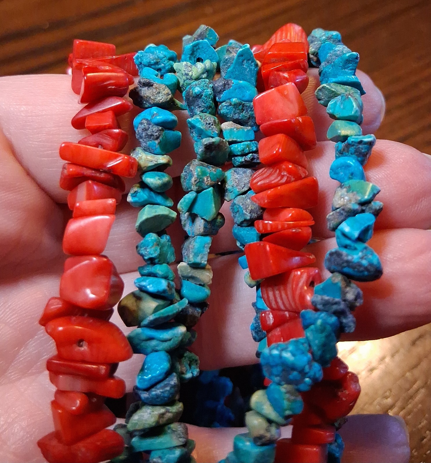 3 Strand Beaded Coral & Turquoise(?) Chip Necklace 16″ See Pics/Description