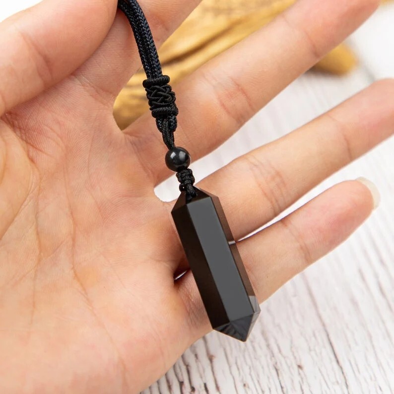 Natural Black Obsidian Hexagonal Point Pendant Healing Amulet Unisex Necklace