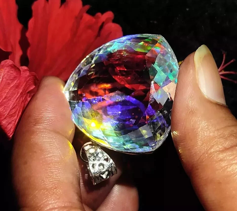 Mystic Topaz 925 Solid Silver Rainbow Trillion Pendant 96 Ct+ Natural Gemstone