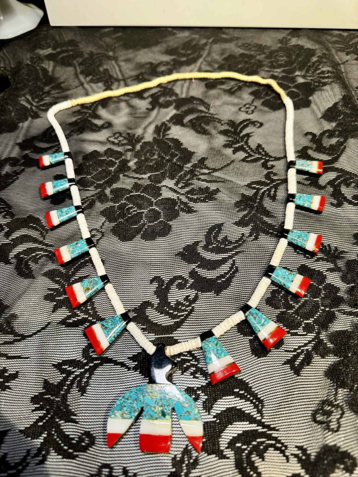 Vintage Santo Domingo Kewa Turquoise Chip Inlay Thunderbird Necklace Heishi 30”