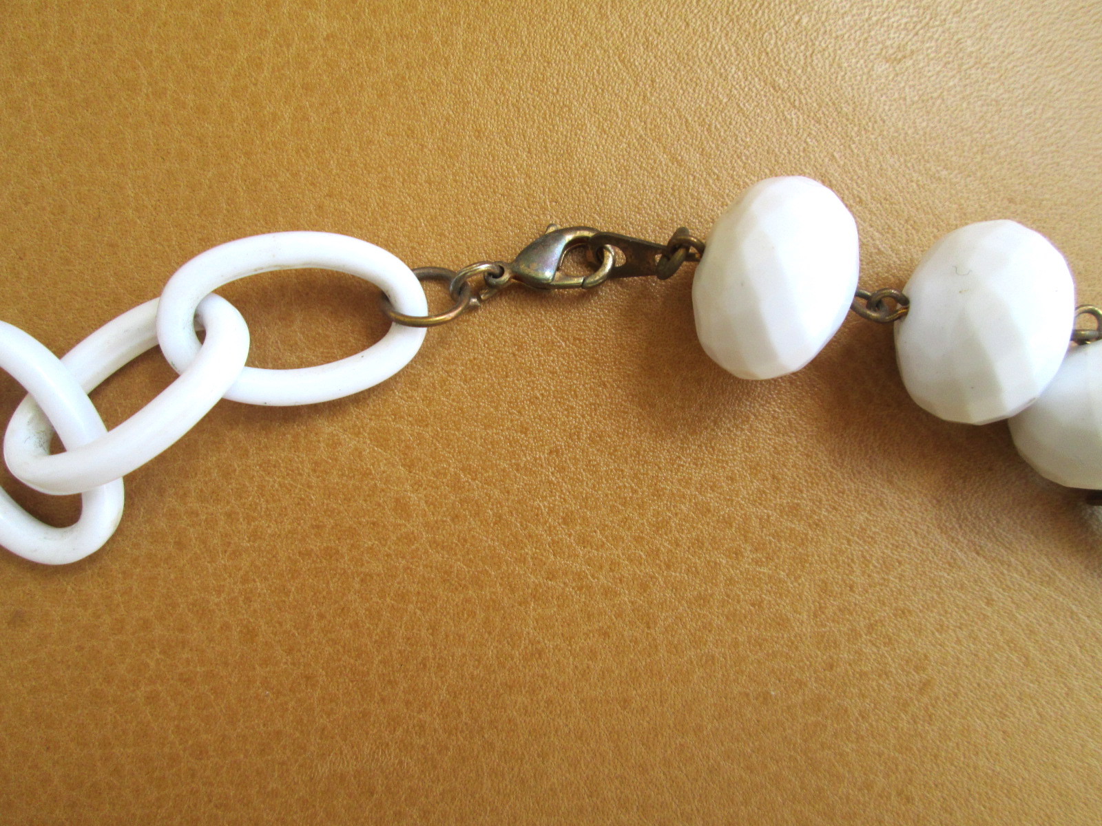 All White Bead Necklace ~Strand plastic diff shapes 7 sizes of beads,14″ length