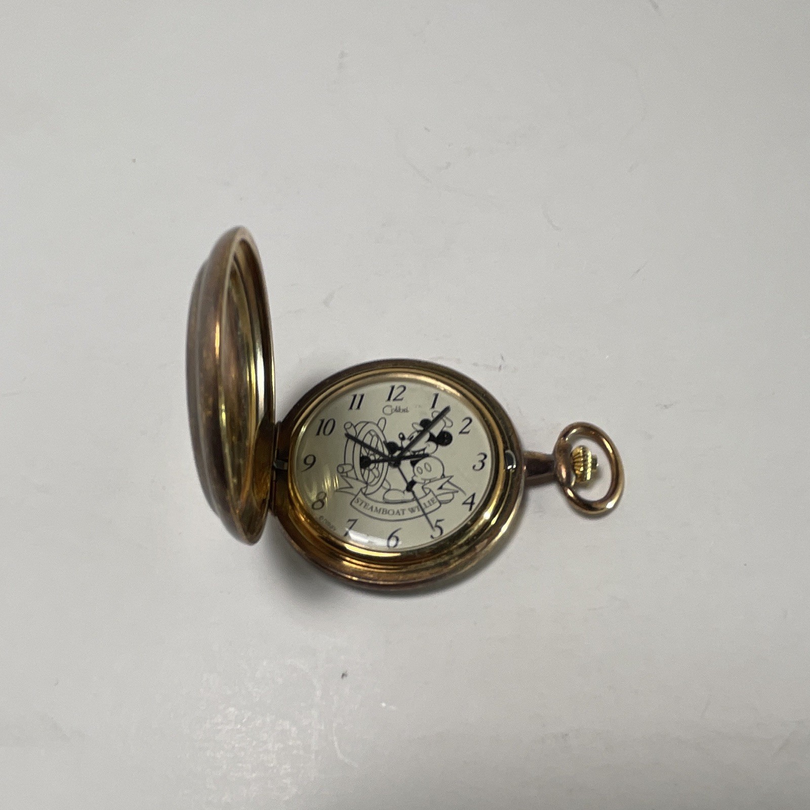 Disney Mickey Mouse Full Hunter Quartz Analog Pocket Watch Gold Tone Metal