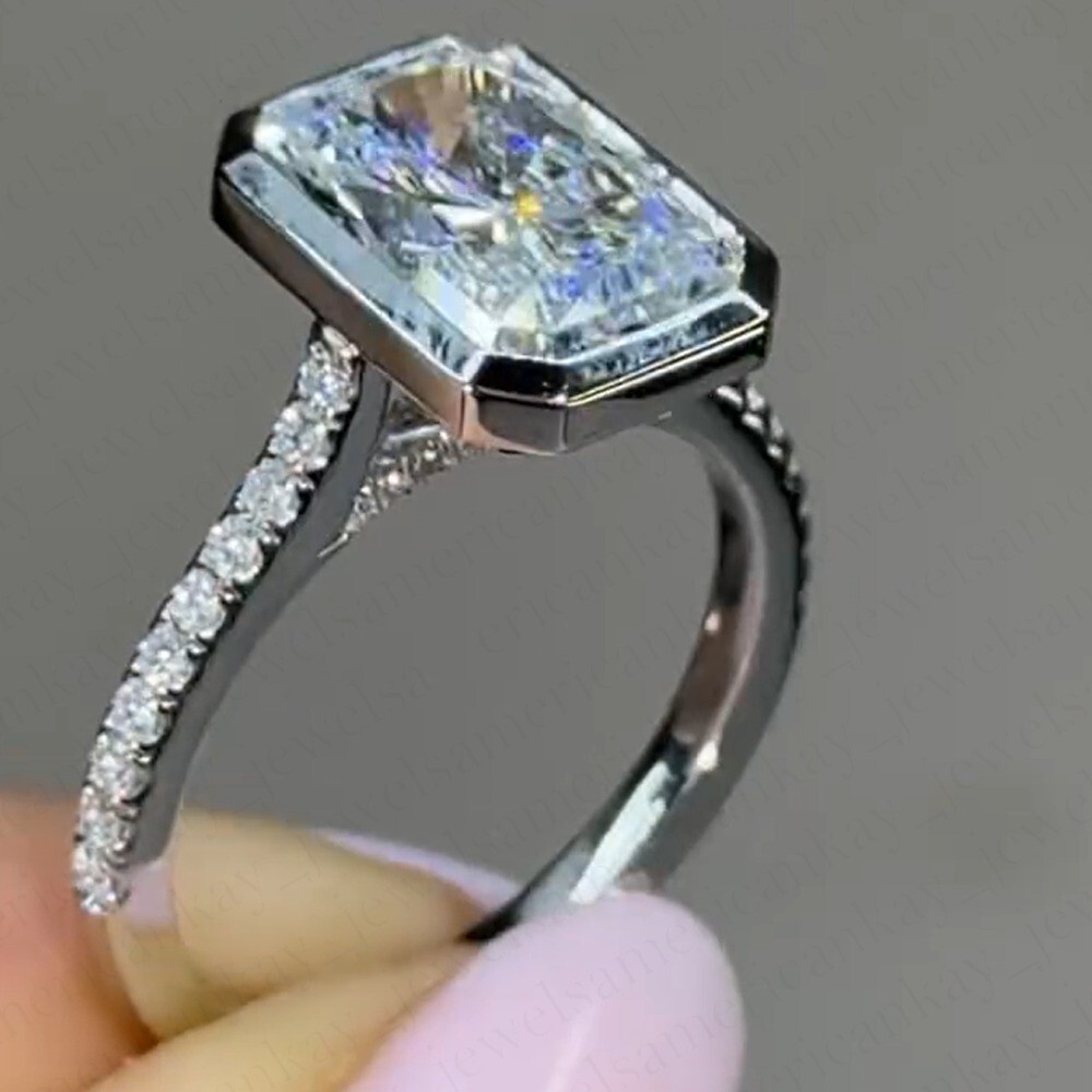 2.30Tcw Radiant Cut Moissanite Bezel Set Engagement Ring 14K White Gold Plated