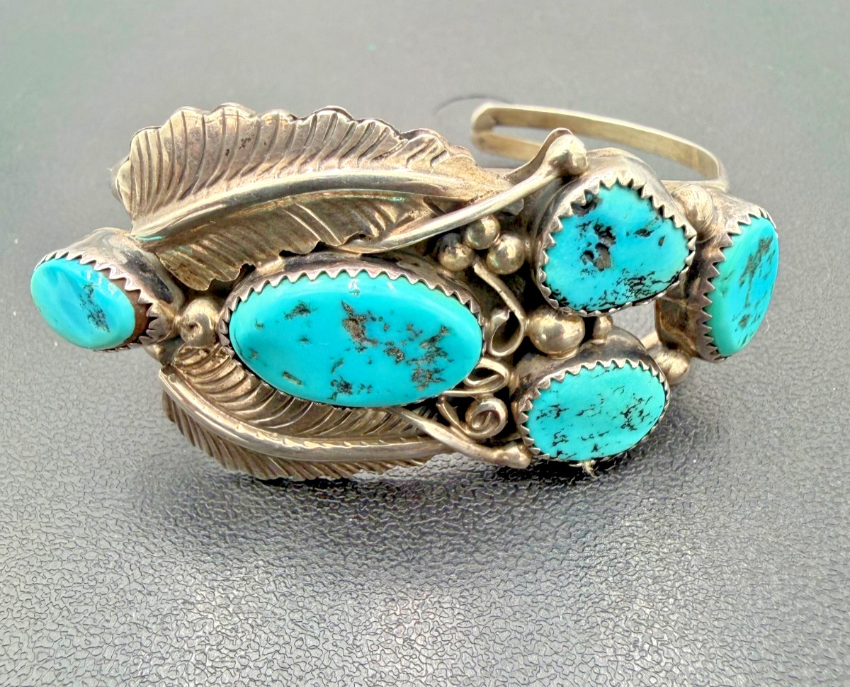 Vintage Native American Sterling Silver Turquoise Cuff Bracelet Signed LY