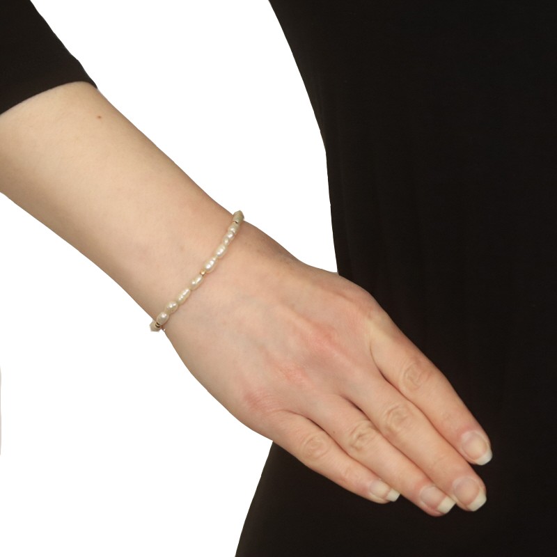 Yellow Gold Cultured Freshwater Pearl Beaded Strand Bracelet 7″ -14k Coated Wire