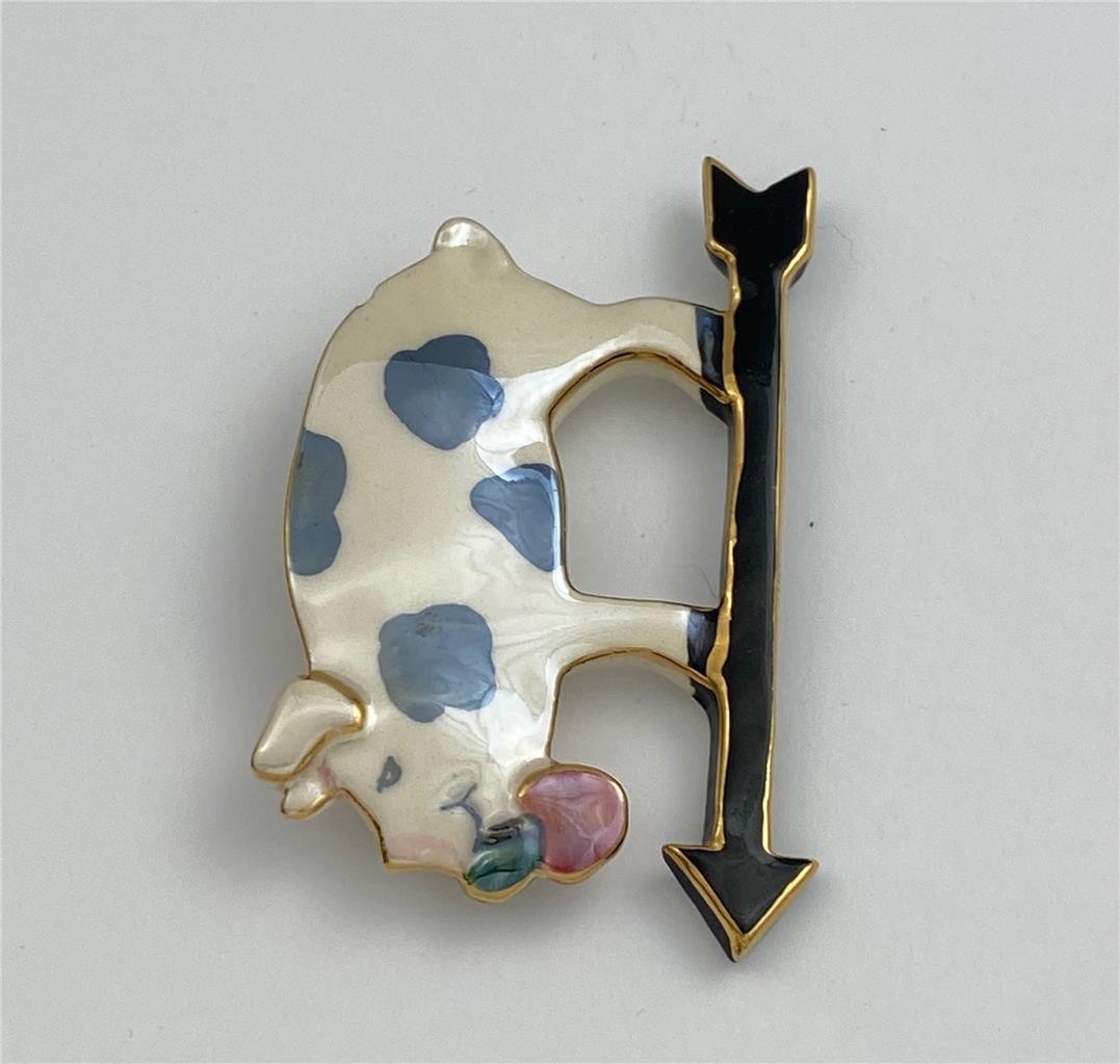 Vintage Ceramic Enamel Pig on Weather Van Brooch Pin
