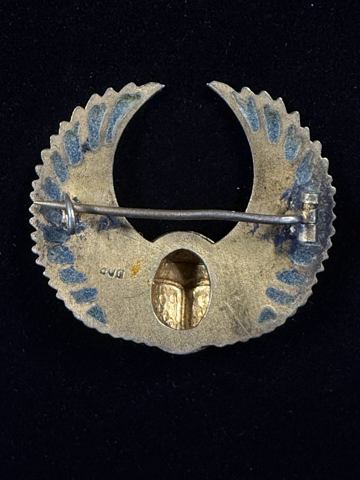 Antique Winged Scarab 800 Silver Brooch Pin Egyptian Revival Plique A Jour #885