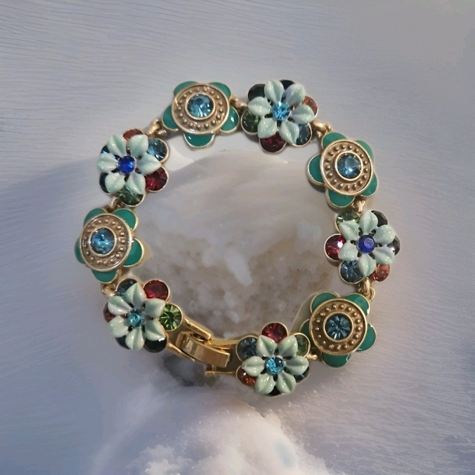 Double Layer 18k Plated Over Copper Alloy 3D Flower and Rhinestone Bracelet