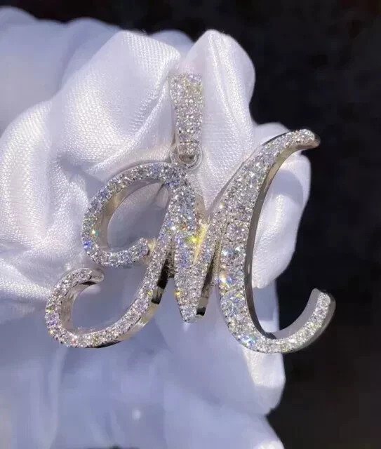 1.50Ct Round Cut Real Moissanite Custom Initial Pendant 14K Yellow Gold Plated