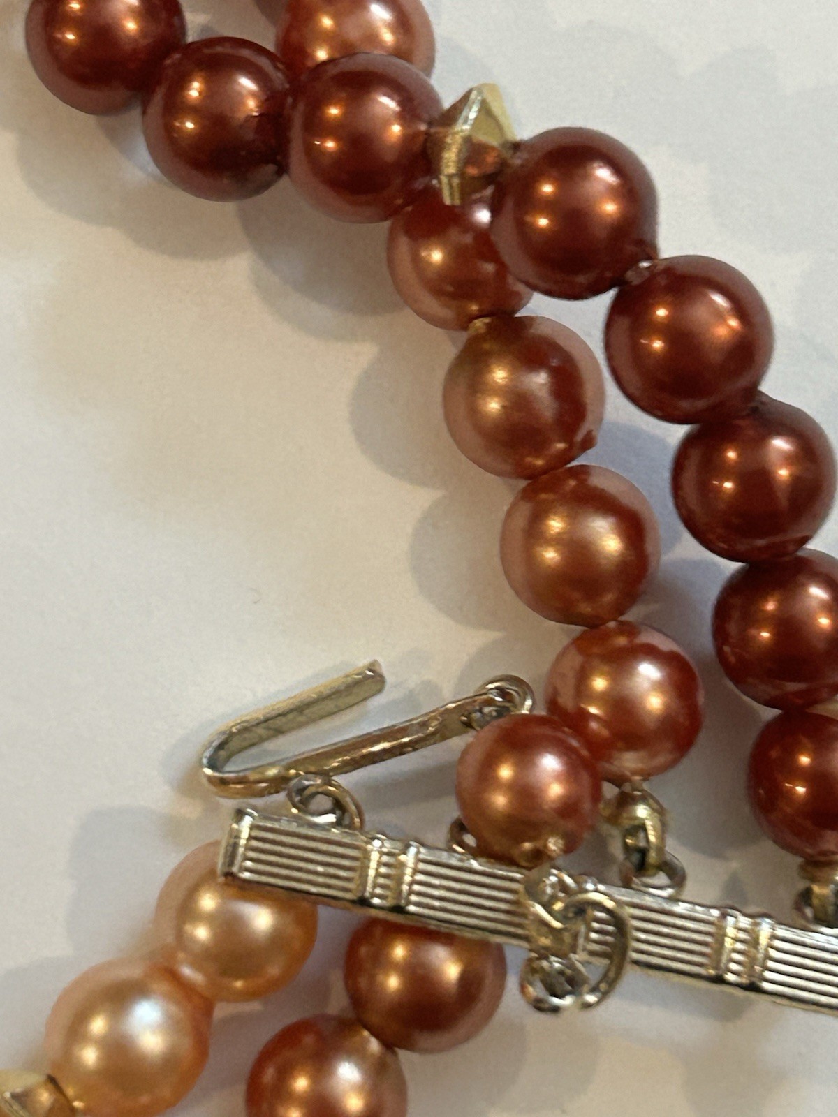 Vintage 4 Stand Necklace With Graduated Brown Tan Faux Pearls Gold Tone Beads