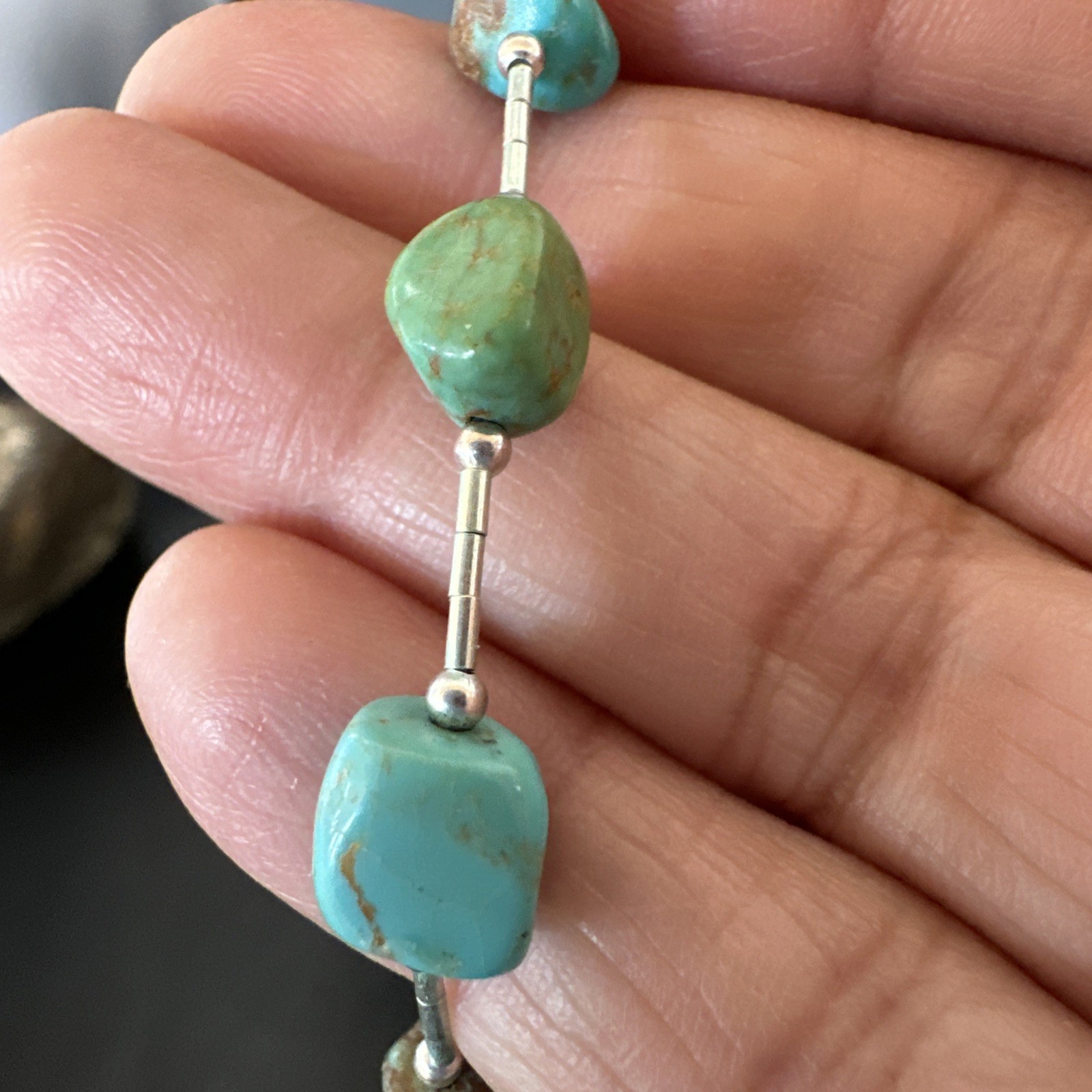 Green Turquoise Liquid Heishi Sterling Silver Nugget 20″ Necklace 19046