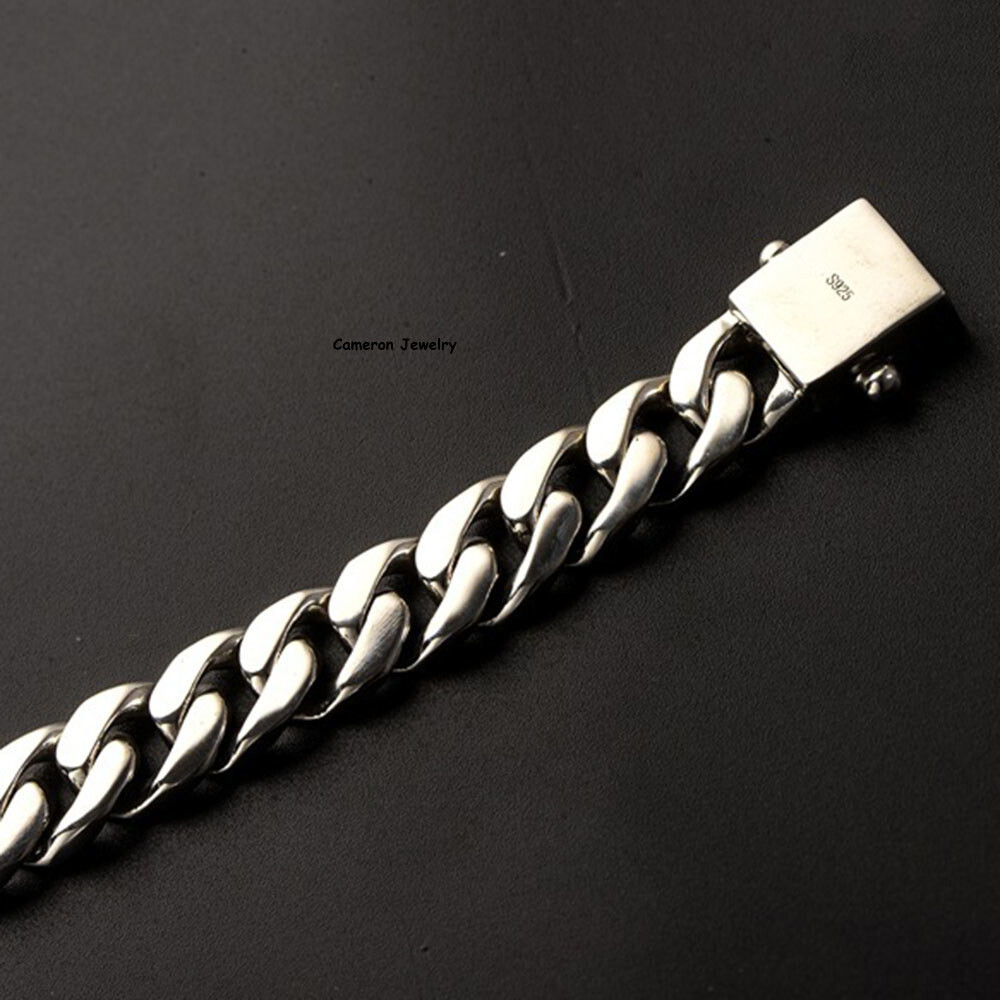 Real S925 Sterling Silver Chain Men 12mm Curb Cuban Link Bracelet 7.9-8.3inch