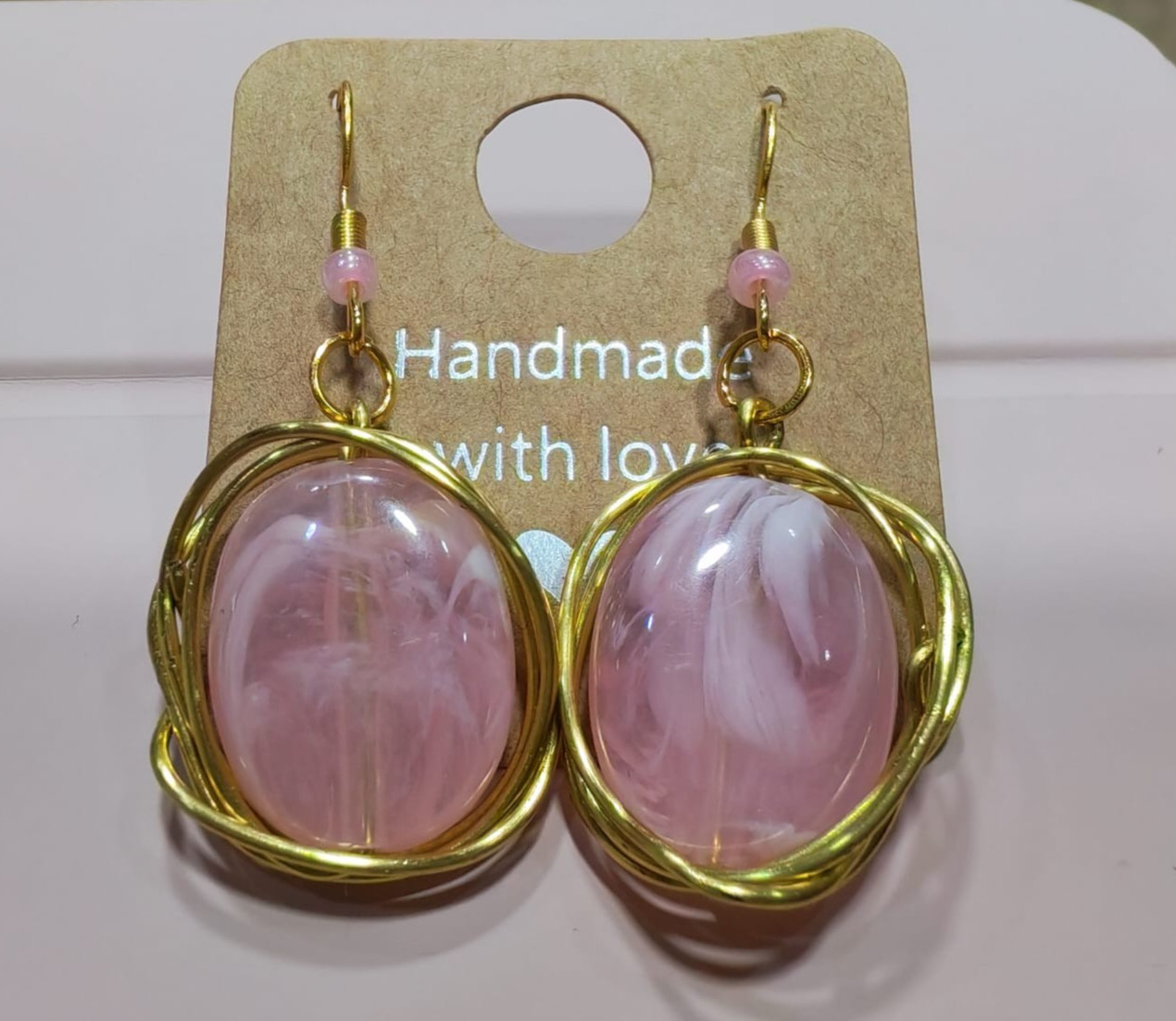 Handmade Wire Wrapped Pink Marbled Stone Dangle Earrings Boho Gold Jewelry