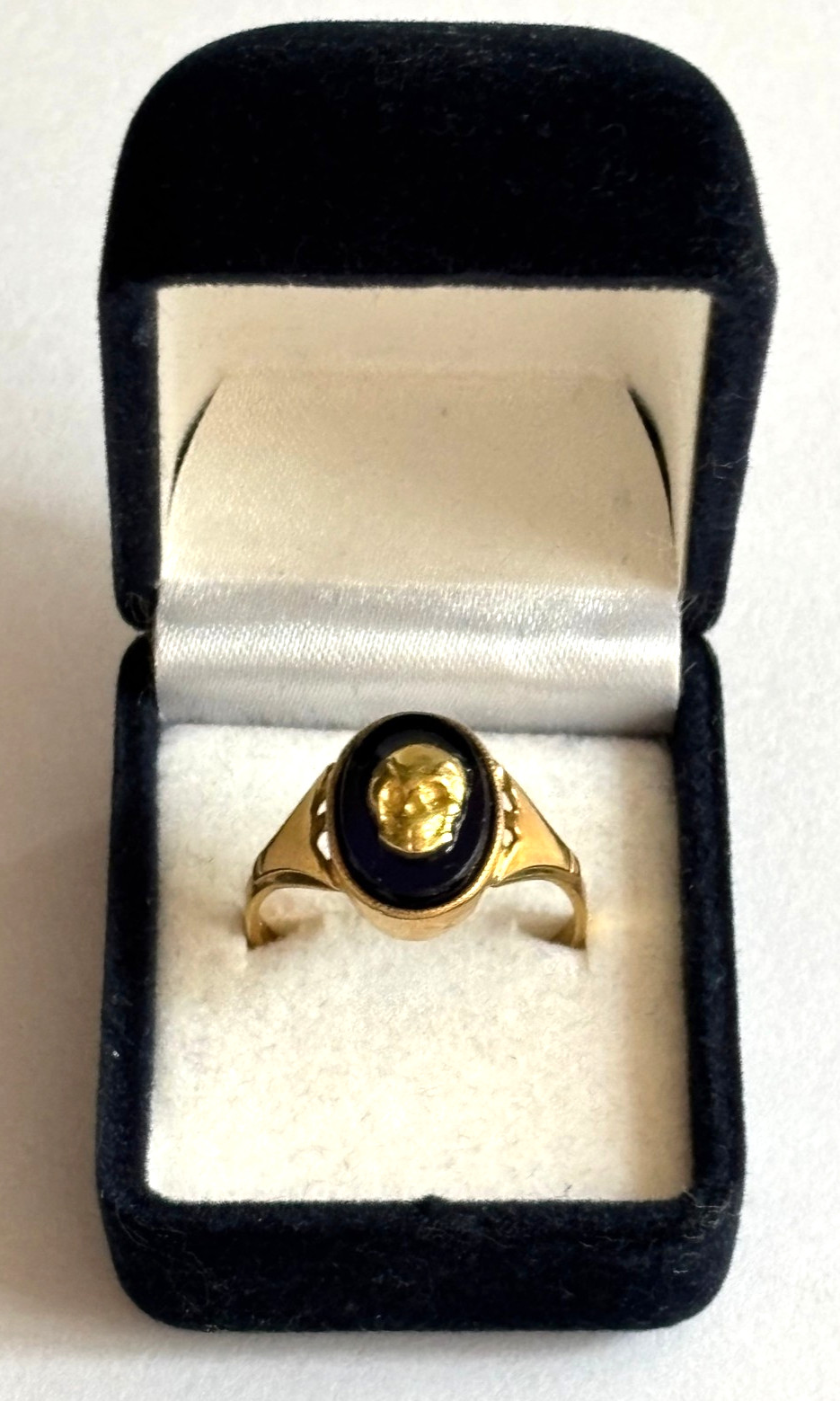 Ant. Victorian Memento Mori Skull Solid Silver 875 Gild Black Stone Unisex Ring