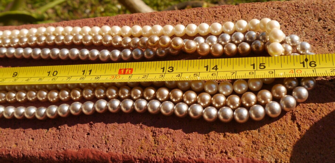Monet Necklace Faux Pearl Gray Cream Champagne Triple Strand Ornate Box Clasp