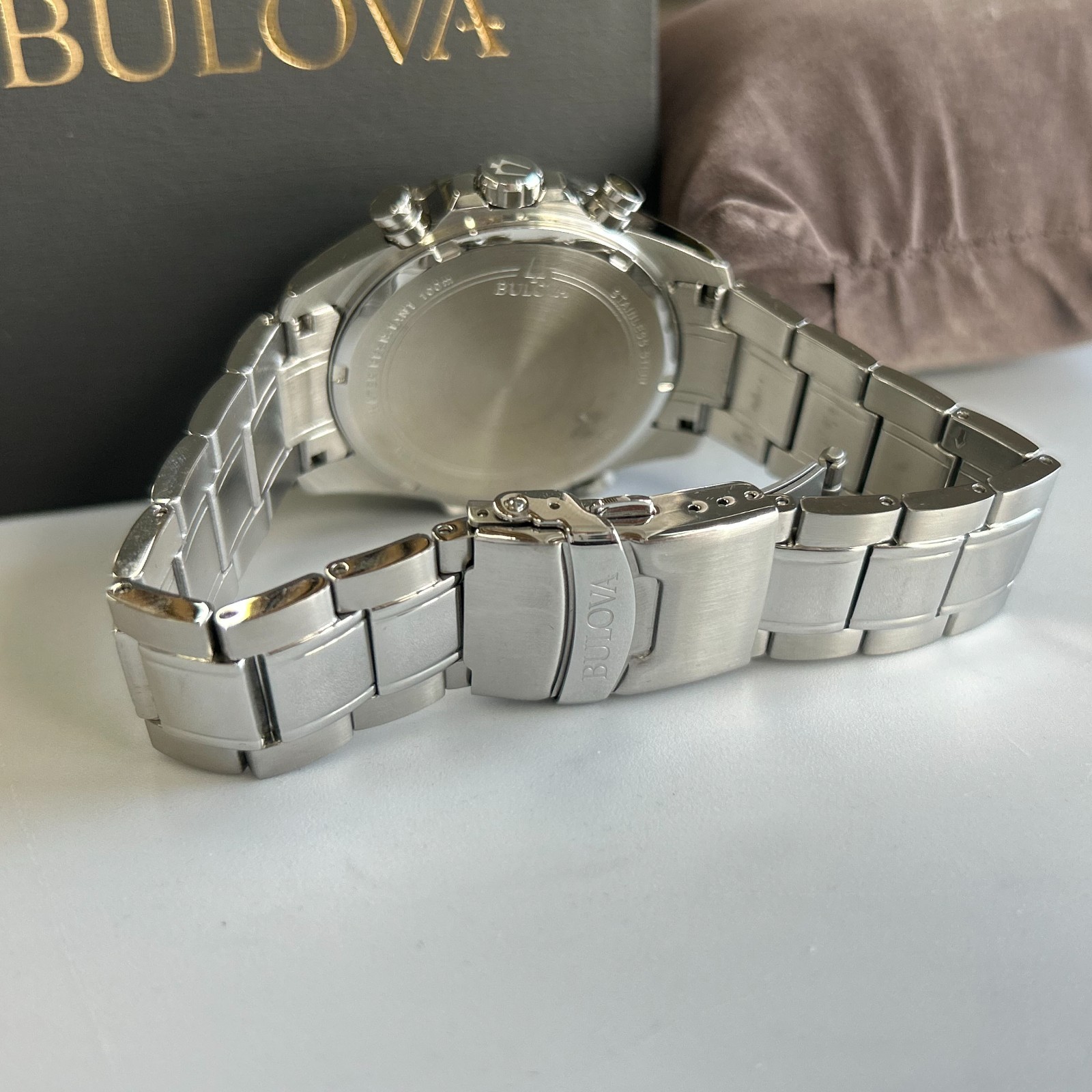 Bulova Men’s Marine Star 96B256 Blue Dial Stainless Chronograph Quartz Watch New