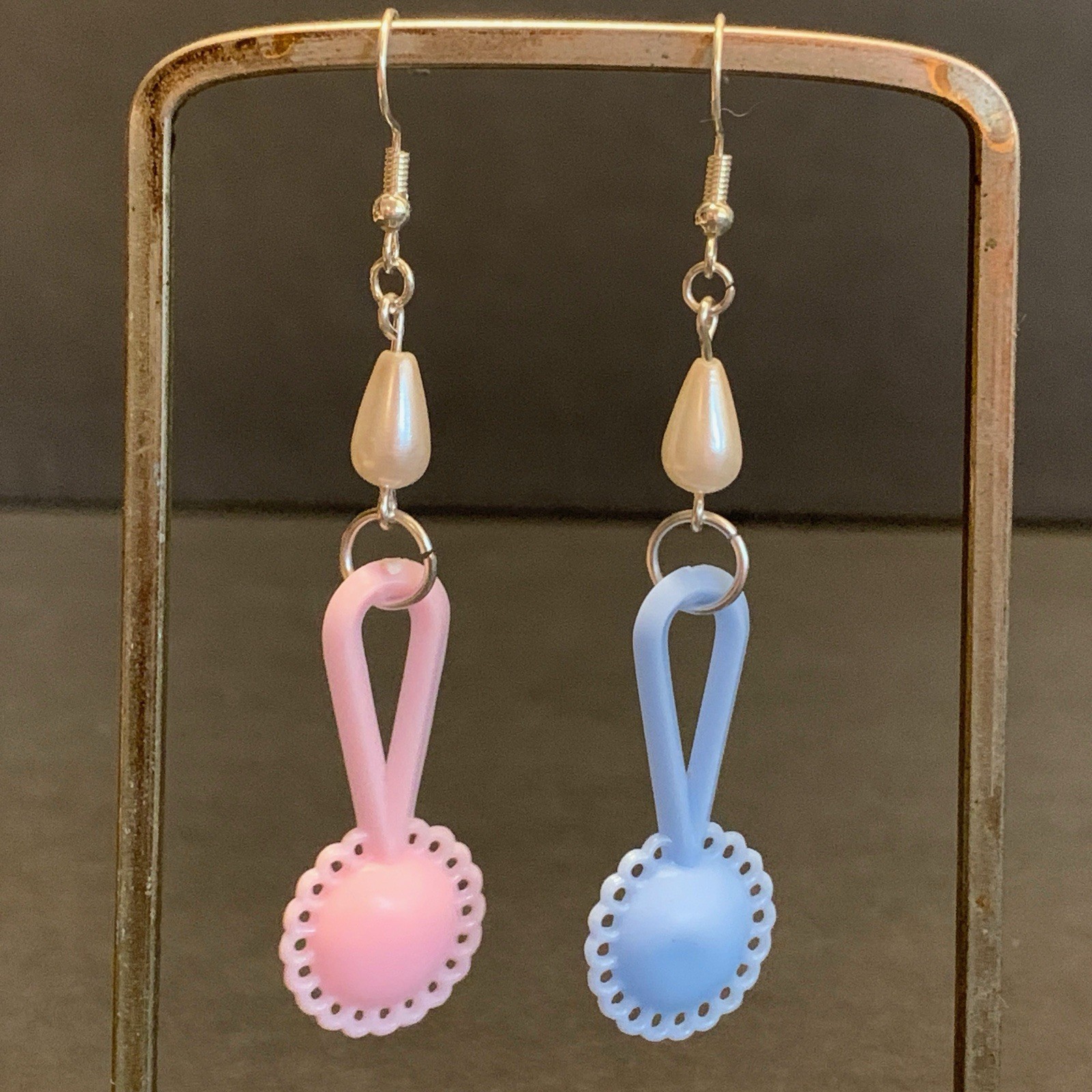 Baby Shower Earrings Gift Gender Reveal Rattle Pearl Pink Blue Cute Party Dangle