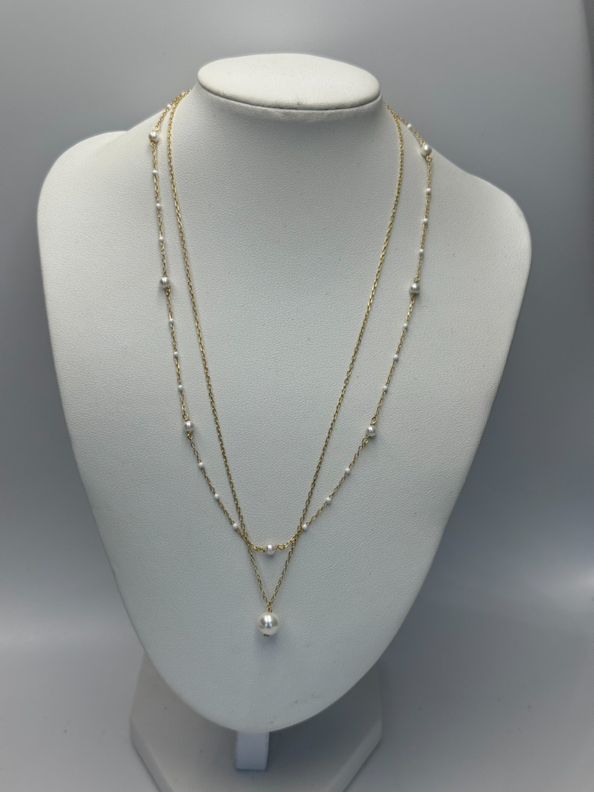 Gold Over 925 Sterling Silver Argento Vivo Layered Pearl Station Necklace 18″