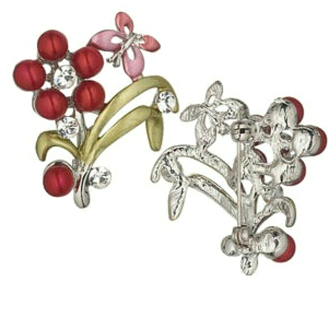 Crystal Rhinestone Fuchsia Pink Pearls Butterfly Flower Silver Scarf Pin Brooch