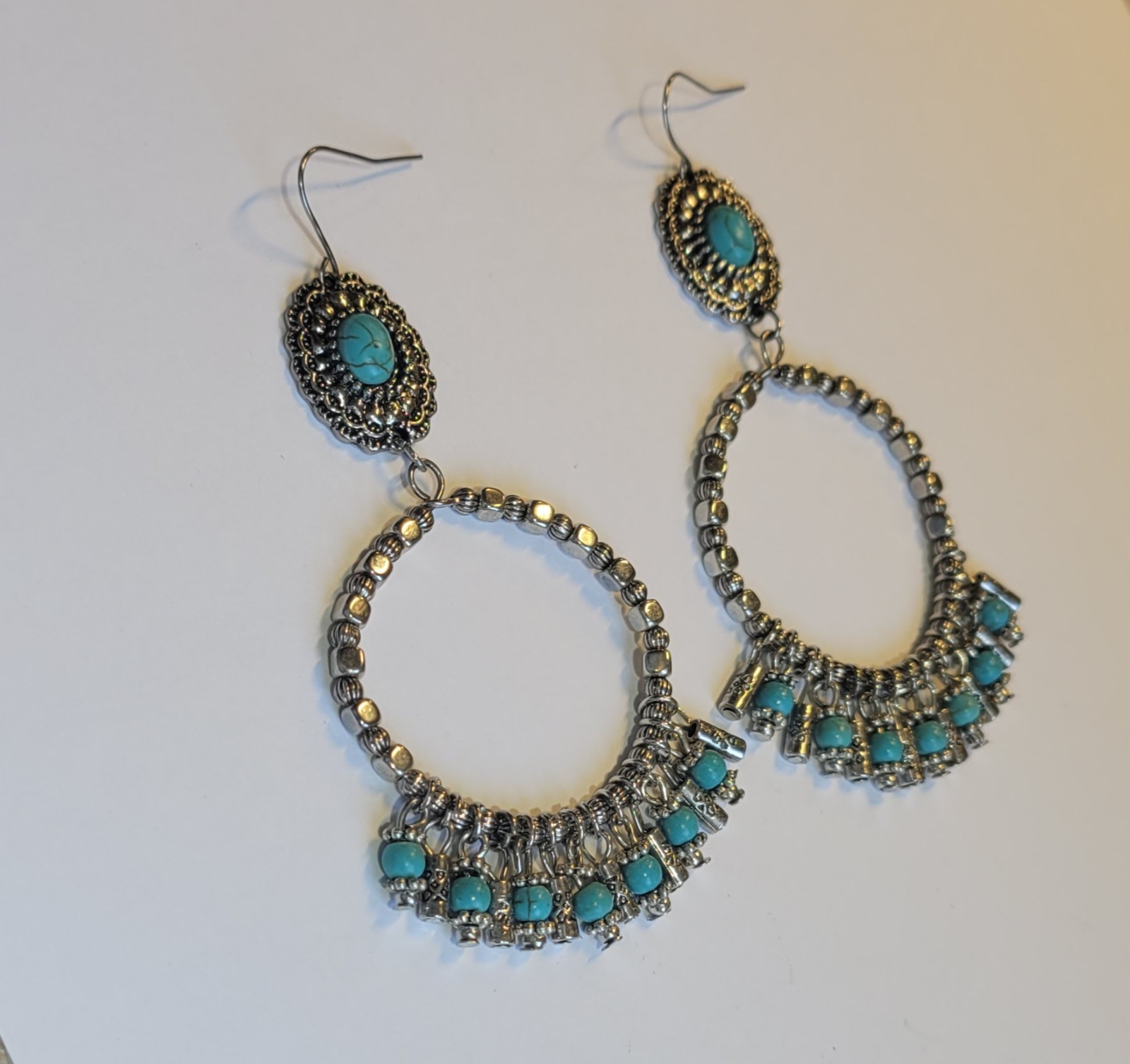 Western Silver Tone Concho Faux Turquoise With Dangling Hoop Pierced Earrings