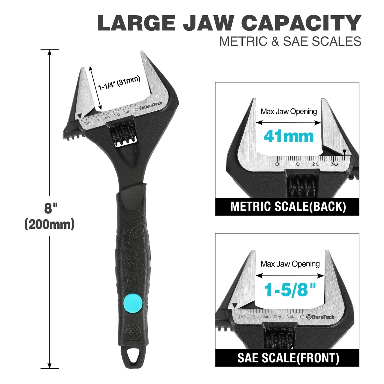 DURATECH 8-Inch Adjustable Wrench, Wide Jaw Opening Black Oxide 8-Inch,