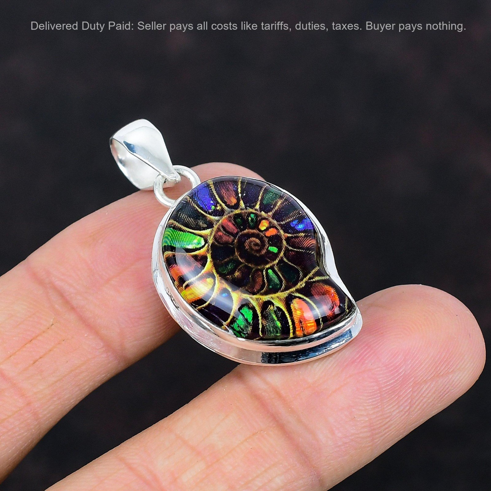 Multi Shade Ammonite Fossil Gemstone Pendant 925 Sterling Silver Handmade Jewelr