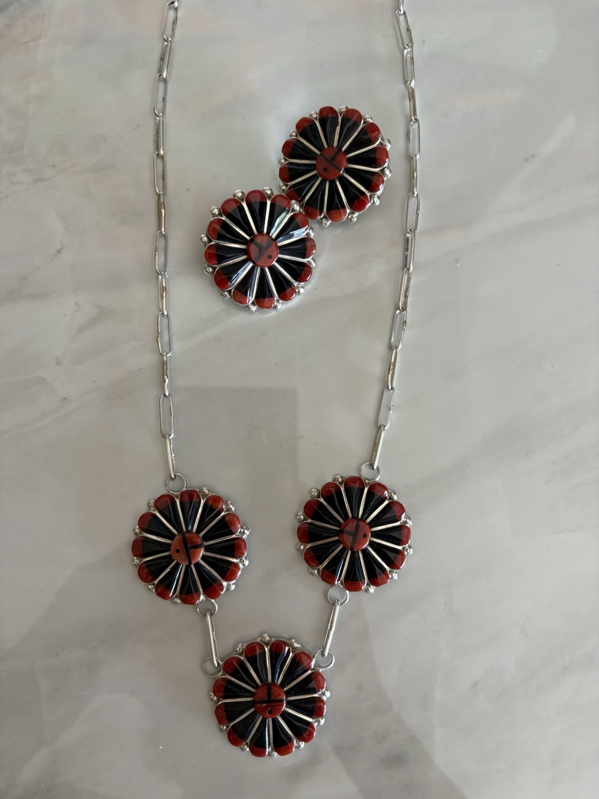 Zuni Necklace Set w Earrings in Jet and Coral-23″ Signed WCN – Sterling Silver