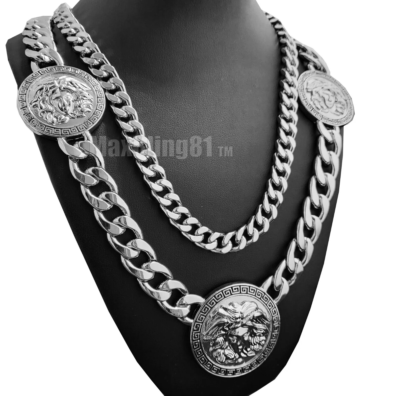 Silver Plated Medusa Head 3 Medallion Cuban Link Chain Necklace & 10mm 30″ Chain