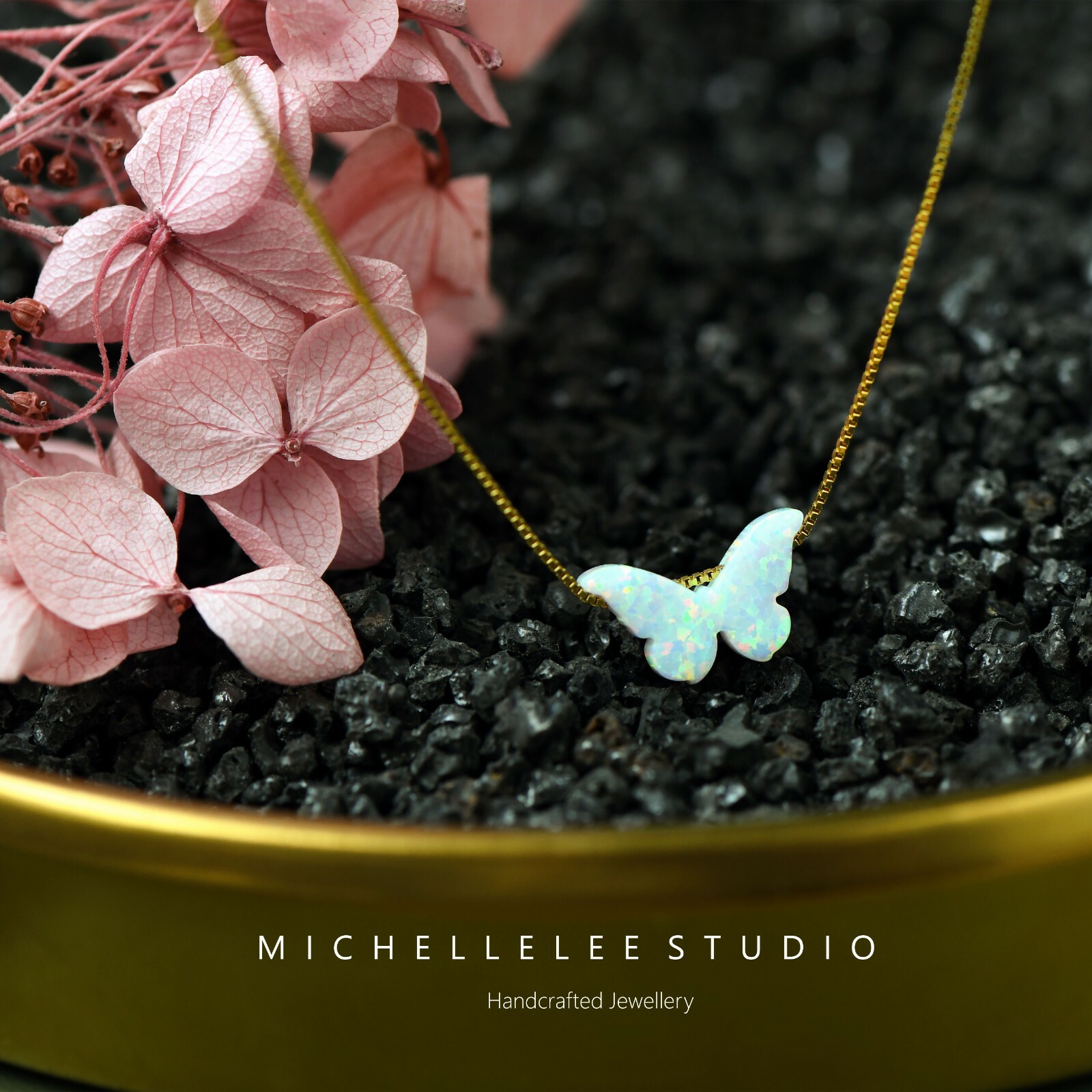 Butterfly Opal Necklace, White Lab Opal Necklace with Sterling Silver Chain