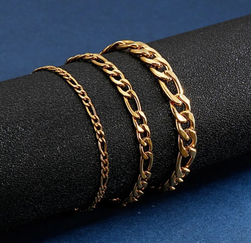 Gold Color STAINLESS STEEL FIGARO Bracelet 24 cm( 9.4 in ) 7mm width