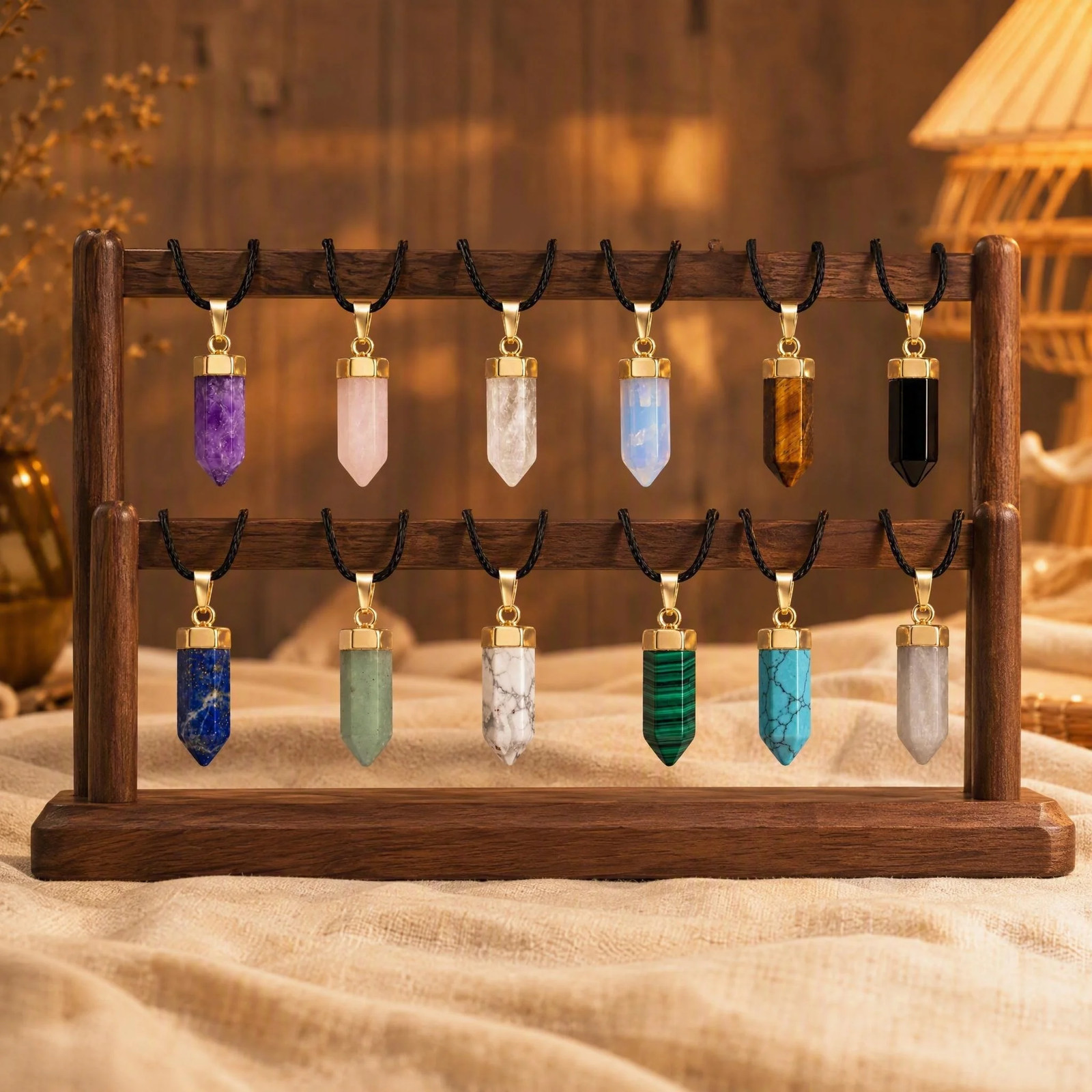 6PCS Crystal Hexagonal Point Stone Pendant Necklace for Women Healing Chakra