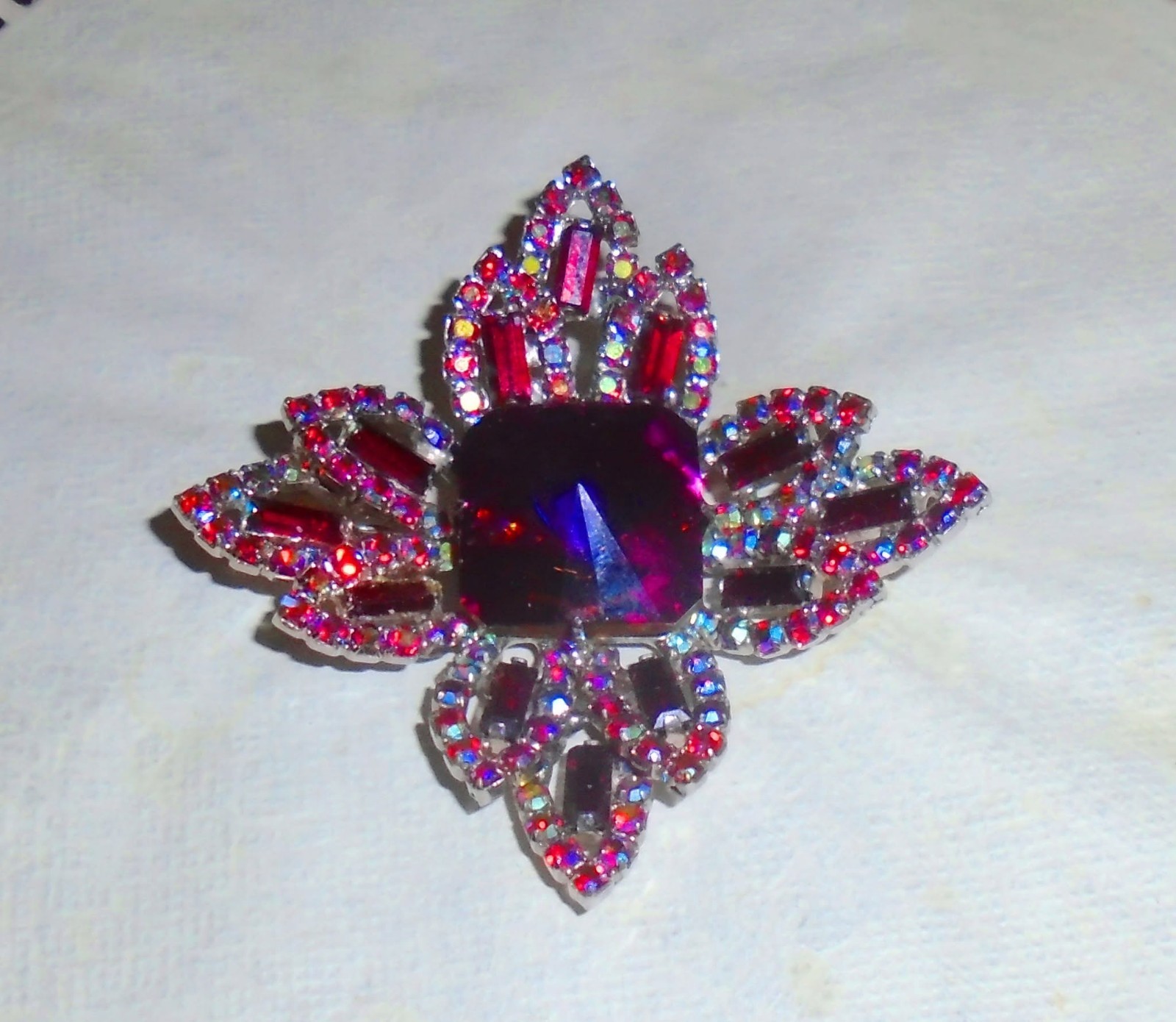 Silver-Tone, Mid Century, “Watermelon ” AB Rivoli Crystals Maltese Cross Set
