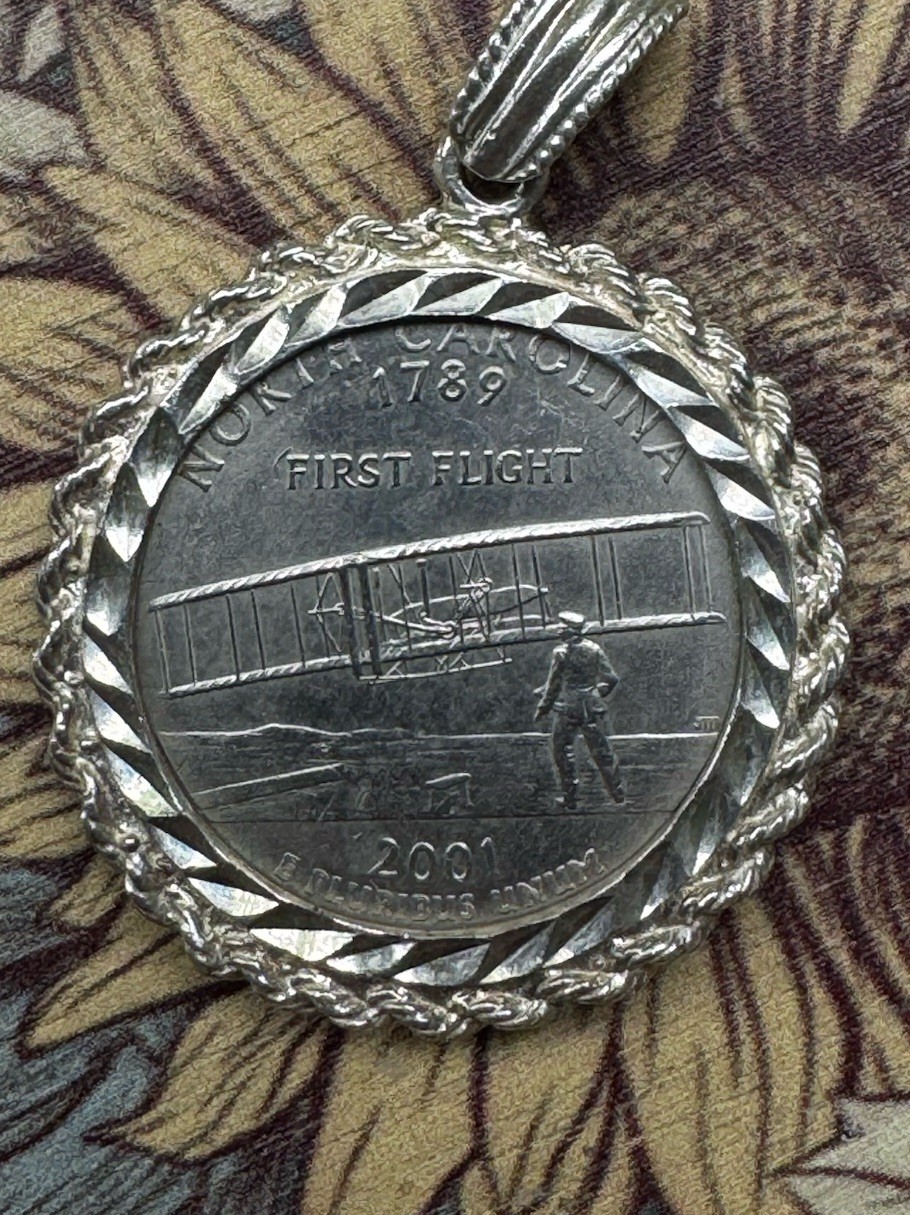 Vtg 2001 North Carolina First Flight Quarter 925 Silver Rope Bezel Coin Pendant