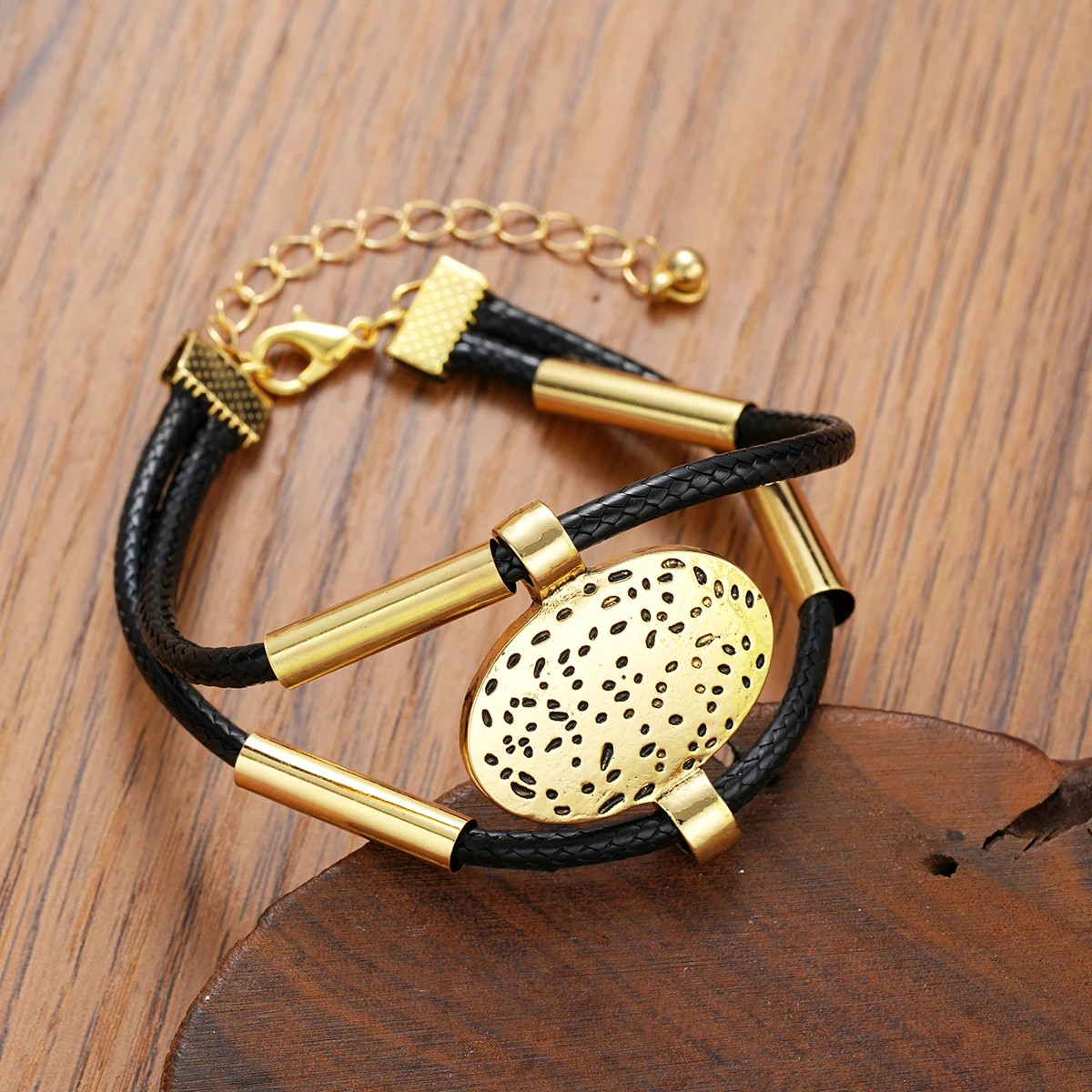 Vintage Oval Metal Faux Leather Necklace Bracelet Fashion Gold Silver Color