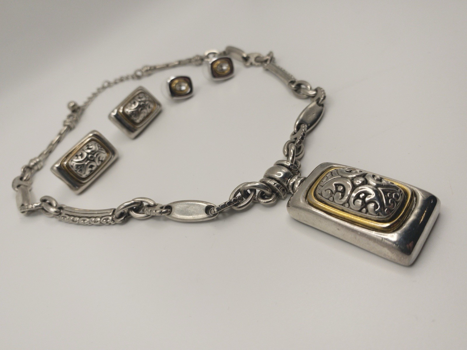 Silver Tone Gold Accent Necklace Pendant & Earrings Set Scroll Design Statement
