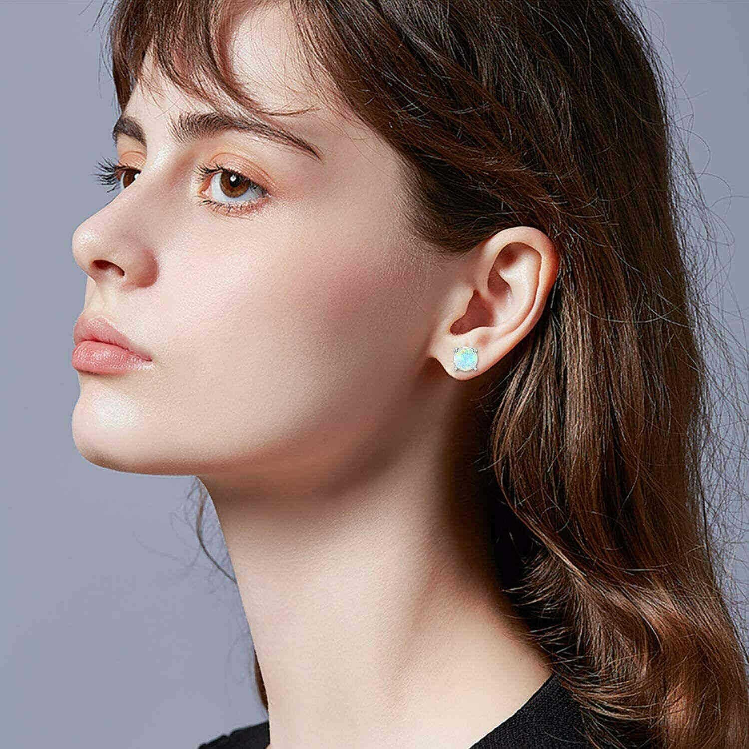 Round White Small Blue Fire Opal 925 Sterling Silver Stud Post Earrings 4mm PE19
