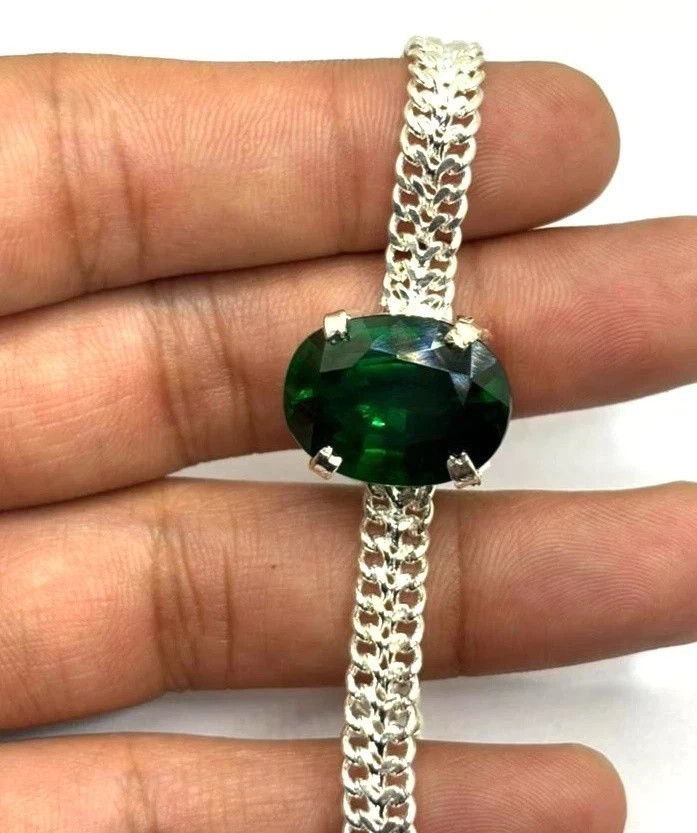 41 Ct Natural Green Emerald Bracelet Oval cut loose Gemstone 925 Steering Silver