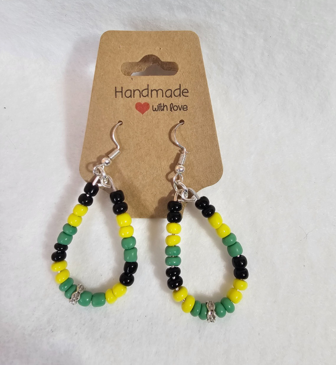 Jamaica Flag Insp Green Black Yellow Seed Beaded Loop Earrings