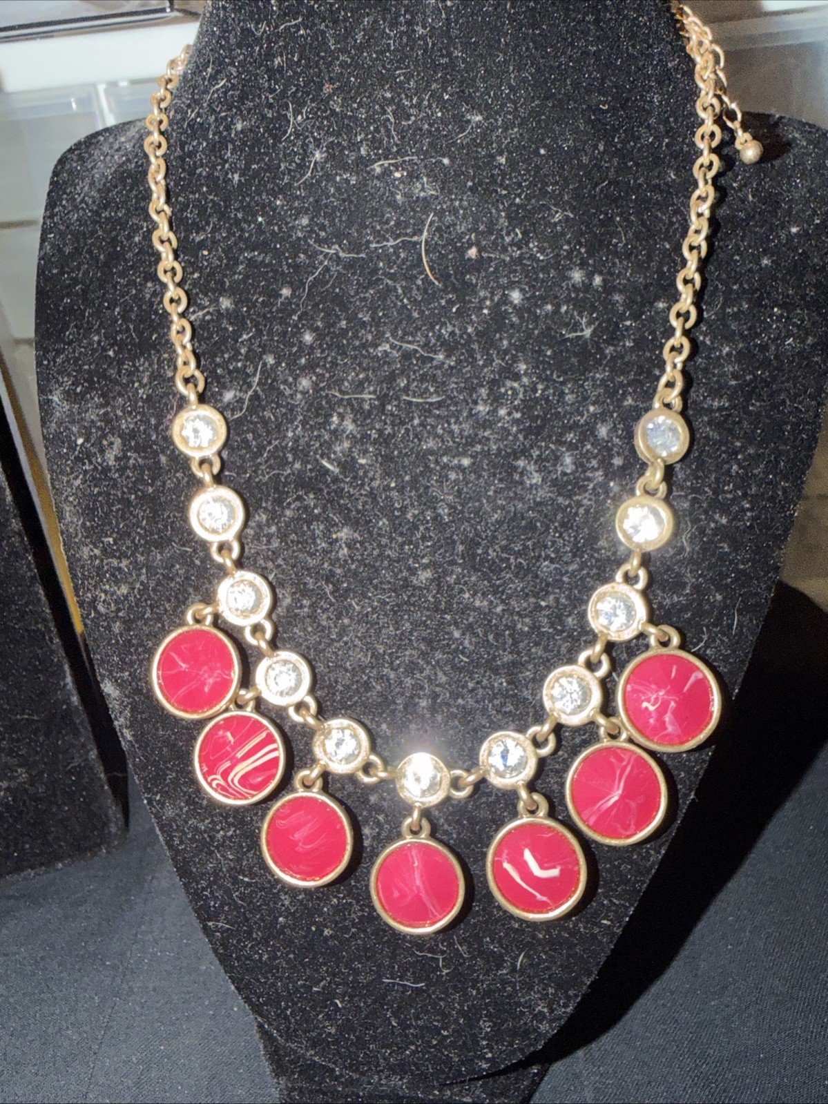 Plunder Necklace Red Resin Stone and Rhinestone Necklace Gold Tone
