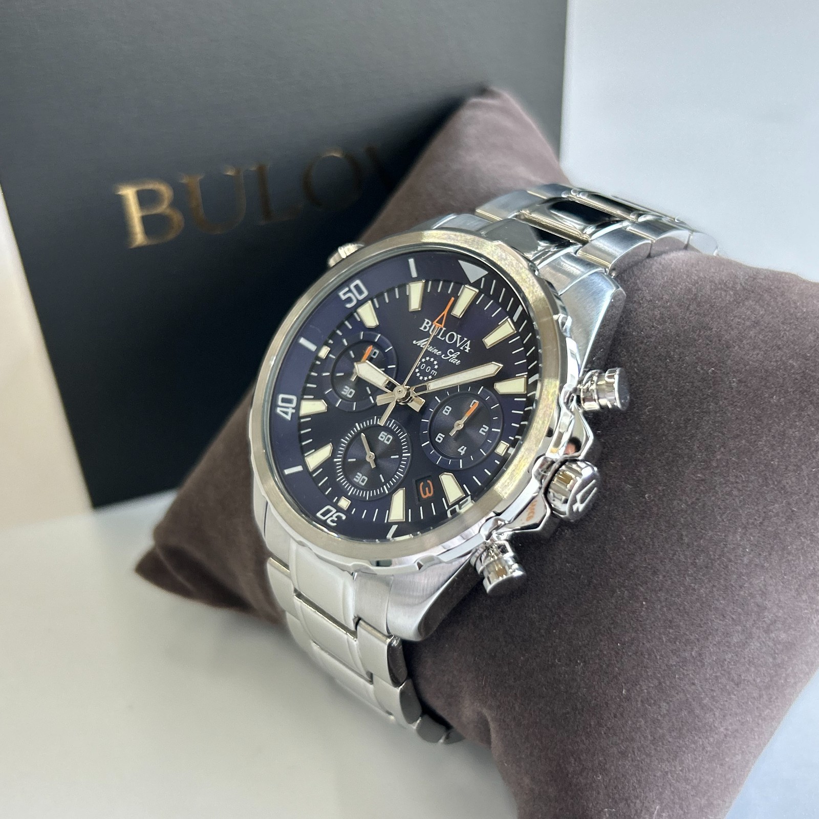 Bulova Men’s Marine Star 96B256 Blue Dial Stainless Chronograph Quartz Watch New