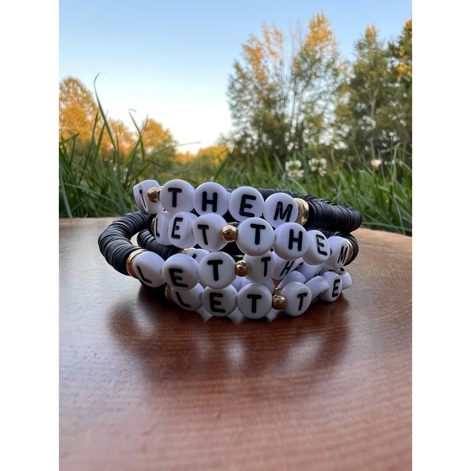 LET THEM BRACELET, black white gold, beaded stretch bracelet, inspirational