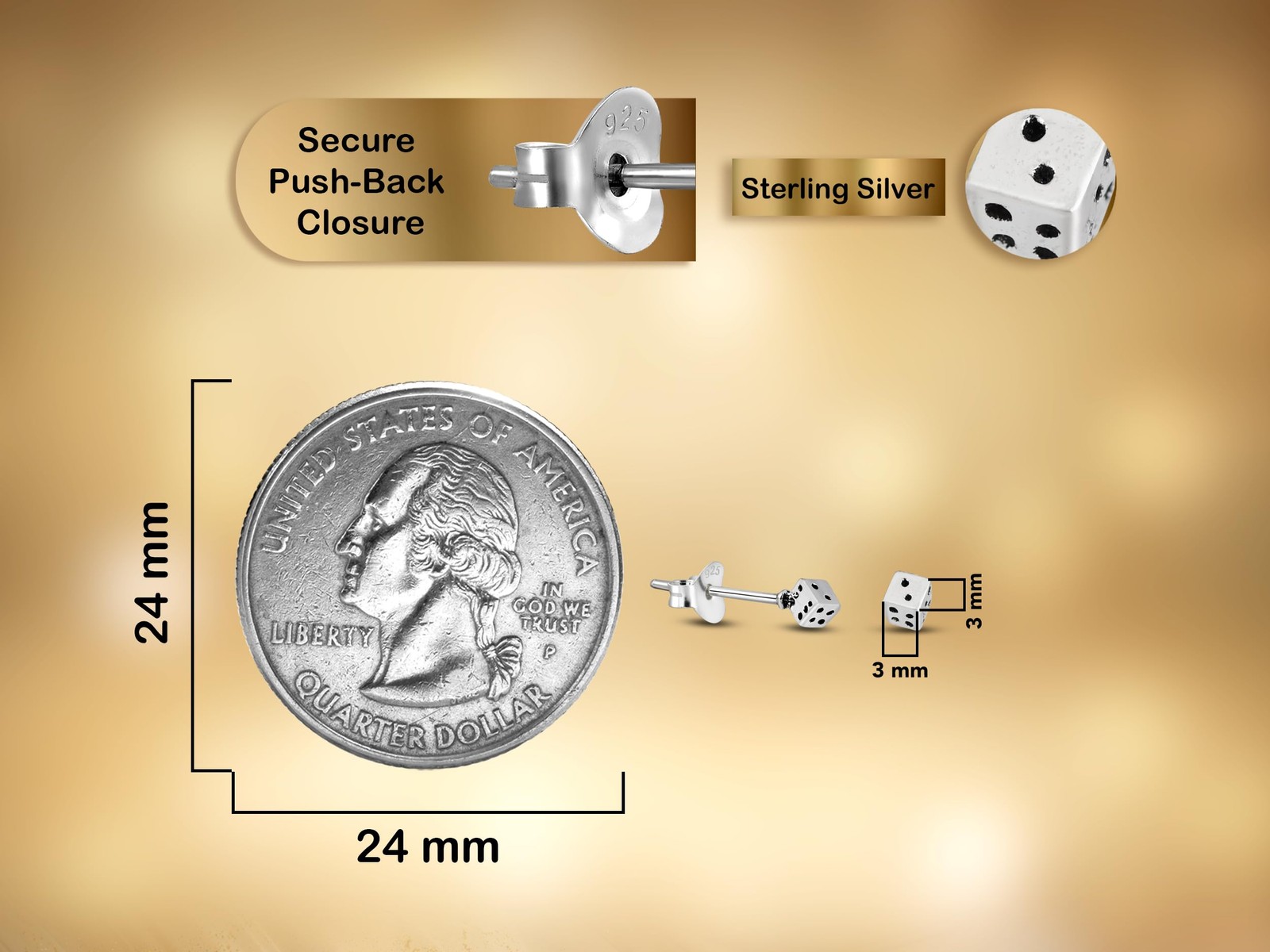 AeraVida 925 Sterling Silver Lucky 3×3 mm Dice Stud Earrings | Small,