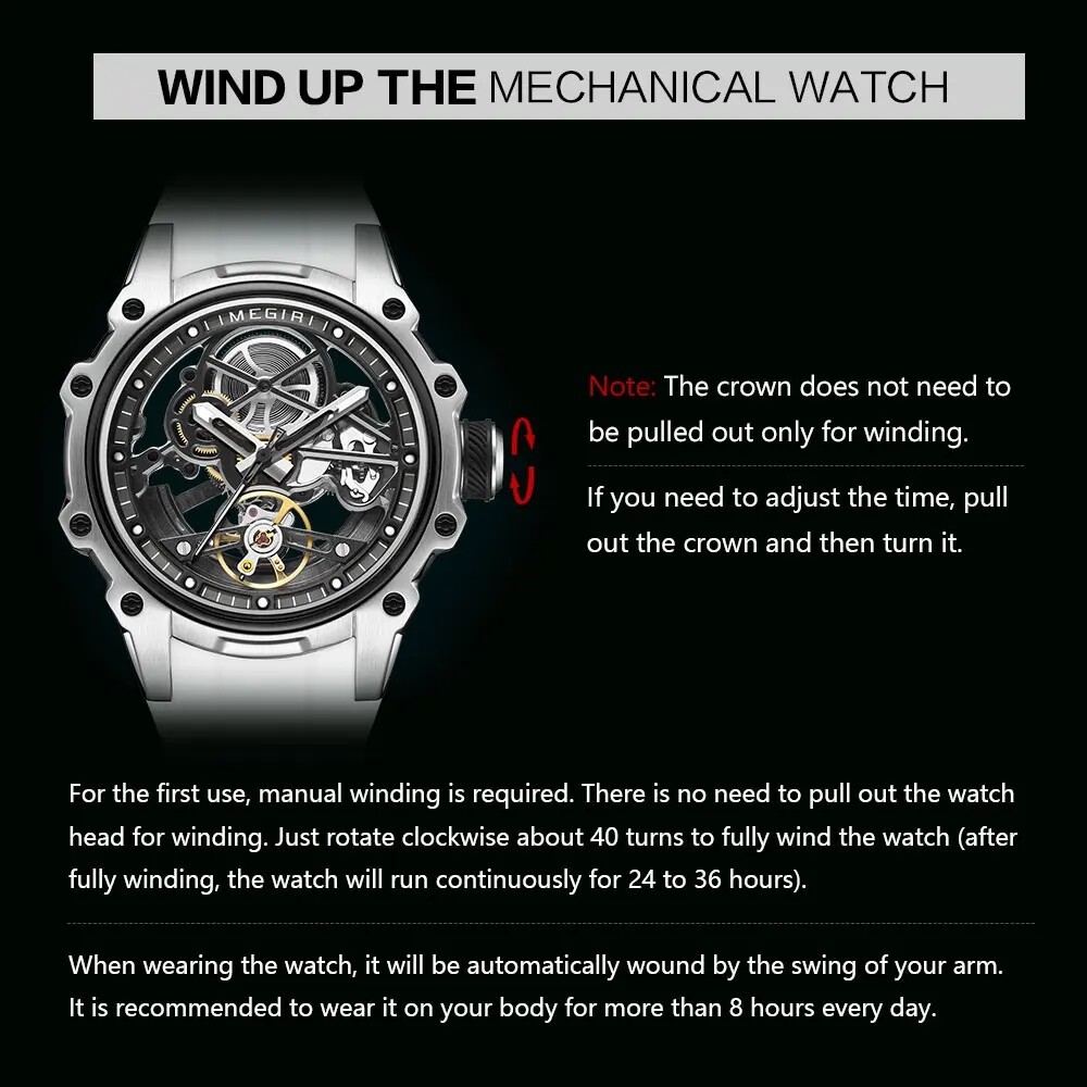 MEGIR Men’s Skeleton Dial Automatic Mechanical Waterproof Watch Silicone Strap